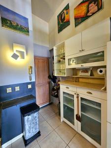 a kitchen with blue and white walls and a trash can at La Belle Vue in Ganges