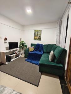 a living room with a green couch and a tv at Tranquil 2 homes in Nanyuki