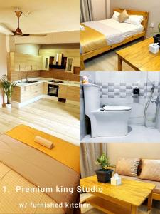 a collage of pictures of a kitchen and a bedroom at Amigo Studio Inn Pokhara in Pokhara