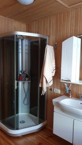 a bathroom with a glass shower with a sink at Будинок на воді in Kiylov