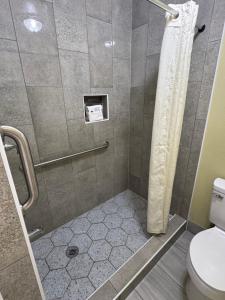 a bathroom with a shower with a toilet at Choice Inn in Clovis +7 photos