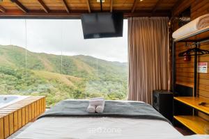 a bedroom with a tub and a bed with a view at Apto c/ lareira, jacuzzi e vista incrível - VST027 in São Paulo dos Pinhais