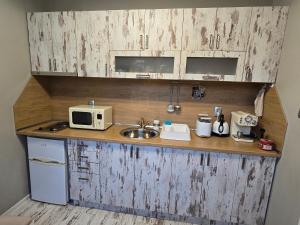 a kitchen with a sink and a microwave on a counter at Апартамент Барок in Lovech