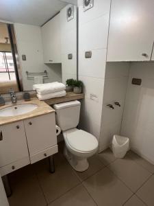 un baño con inodoro y lavabo en Departamento Coyancura, en Santiago