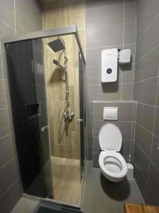 a bathroom with a shower and a toilet at Mavrovo Heights in Mavrovo +37 photos