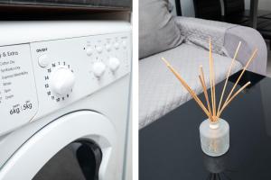 a washing machine and a vase with bamboo sticks in it at Strand Central Apartments 4th Floor in London
