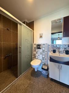 a bathroom with a toilet and a sink and a shower at Cunda Sea-View Stone Cottage & Private Beach in Ayvalık