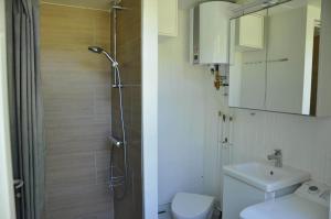 a bathroom with a shower and a toilet and a sink at M225-Idestrup-Jasminvej-22 in Bøtø By +12 photos