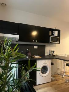 una cucina con lavatrice e microonde di Laurema's BnB a Tolosa