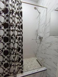 y baño con ducha y cortina de ducha en blanco y negro. en Хостел Nino, en Tashkent 4 fotos más