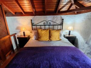 une chambre avec un lit avec des draps violets et deux lampes dans l'établissement El Poleo 2, à El Amparo 32 autres photos