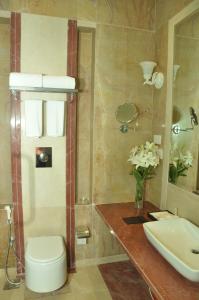 a bathroom with a sink and a toilet and a mirror at Royal Tulip Navi Mumbai in Navi Mumbai