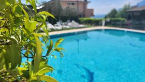 a large blue swimming pool next to a building at Villa Josefine Lake Front beach and Pool in Brenzone sul Garda