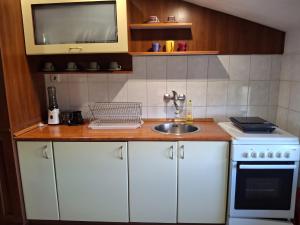 a kitchen with a sink and a stove and a microwave at Seven Heaven in Sremčica