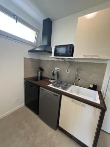 a kitchen with a sink and a microwave at Studio CASA COCO-2pers Béligneux in Béligneux +3 photos