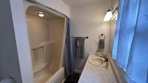 a bathroom with a sink and a shower at Lake Russell Cabin Dog-Friendly, Secluded 4 Acres in Elberton +49 photos