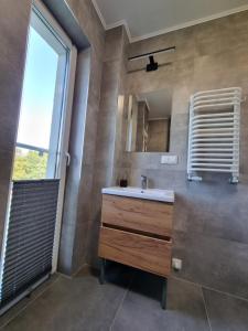 a bathroom with a sink and a window at Aurum Apartment in Oświęcim