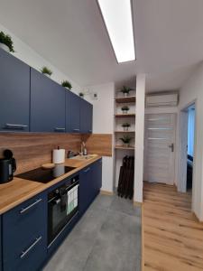 a kitchen with blue cabinets and a skylight at Aurum Apartment in Oświęcim +30 photos