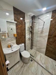 a bathroom with a toilet and a shower and a sink at Deymar Apartments VIEW in Vidin +5 photos