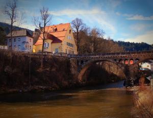 un puente sobre un río con un edificio y una ciudad en Hotel Alpin Murau, en Murau