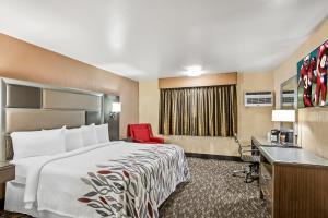a hotel room with a bed and a red chair at Red Roof Inn Yuba City Bonanza - Marysville in Yuba City