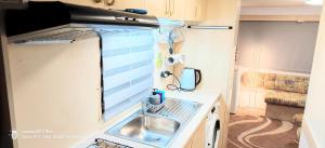 a small kitchen with a sink in a caravan at Holender na Kujawach in Gołaszewo Lesne