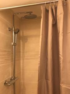 a shower with a shower curtain in a bathroom at Charmant Studio Atypique climatisé in Hyères