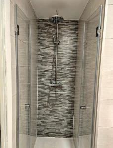 a shower with a glass shower stall in a bathroom at Apartamentos Vacacionales Madrid España in Madrid