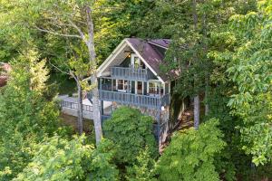 una vista aérea de una casa rodeada de árboles en Decks and Lake Access Scenic North Carolina Retreat, en Old Fort