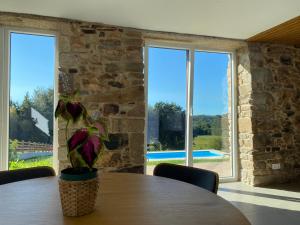 a table with a plant in a room with windows at Casa da Marola in Zas