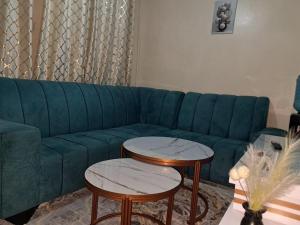 sala de estar con sofá verde y 2 mesas en Nakuru cozy stay, en Nakuru