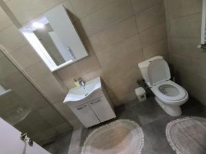 a bathroom with a toilet and a sink and a mirror at Apartment in Ferizaj in Ferizaj
