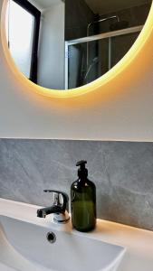 Un lavabo de baño con dispensador de jabón y un espejo. en Terracota 2 Quartos Parque Cidade Pet Friendly, en Aveiro 15 fotos más