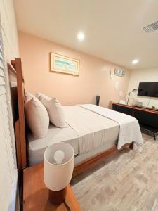 a hotel room with a bed and a tv at Modern Studio with Exterior Independent Entrance in Orlando