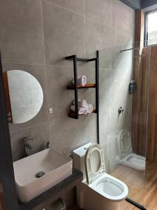 a bathroom with a toilet and a sink and a shower at Casa completa, iluminada in Puerto Maldonado +29 photos