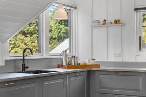 eine Küche mit Spüle und zwei Fenstern in der Unterkunft TV1661 Jerup - Blåbærvej 5 in Jerup + 29 Fotos