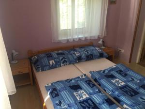 U Evy Jarošové في ديسنا: غرفة نوم بسريرين ذات شراشف زرقاء وبيضاء