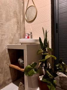 ein Badezimmer mit Waschbecken und zwei Topfpflanzen in der Unterkunft Maru Vibe lofthouse Elyu in San Juan + 11 Fotos