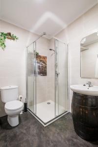 Un baño con ducha, inodoro y lavabo. en Casa Carla, en Palas de Rei 