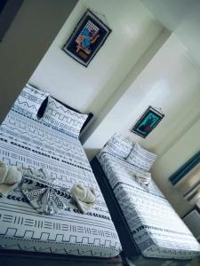 two beds in a room with white sheets and pillows at SILVERISE Pension in El Nido