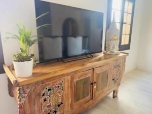 Un televisor encima de una cómoda de madera con plantas. en Timeless Comfort Suites San Blas, en San Miguel de Abona