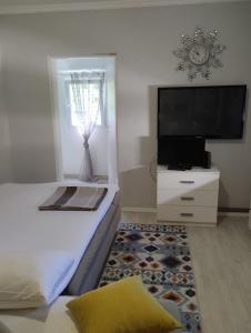 a bedroom with a bed and a flat screen tv at Apartman All seasons in Sarajevo
