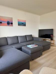 Una sala de estar con un sofá y un televisor de pantalla plana. en Sophiehuset- Cozy oceanview home, en Sørvågen