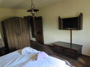 a bedroom with a bed and a flat screen tv at Pension Kamenný Dvůr in Františkovy Lázně