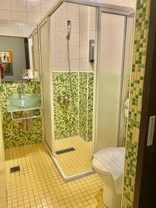 a bathroom with a shower with a toilet and a sink at Bellalia 貝拉利亞 花蓮民宿 in Hualien City