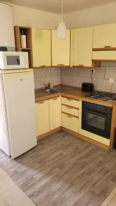 eine Küche mit einem weißen Kühlschrank und einer Mikrowelle in der Unterkunft Location de vacances in Santa-Maria-Poggio