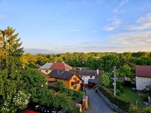 an aerial view of a town with houses and trees at Hotel U Feldů in Klimkovice