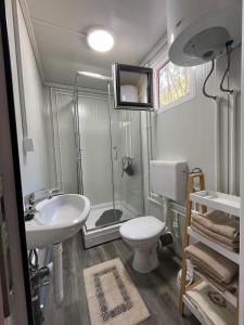 a bathroom with a shower and a sink and a toilet at Altair House 