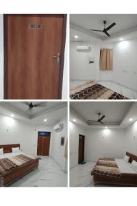マトゥラーにあるShree jee guest houseのベッド2台とドアがある部屋の4枚の写真 +2枚の写真