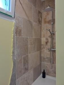 a shower in a bathroom with a shower at Templemars proximité Lille 4 personnes jardin in Templemars +31 photos